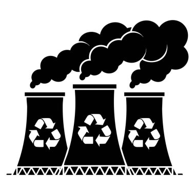 Siyah stil geri dönüşüm fabrikası, yeşil enerji ve ekolojik temalar için uygun, beyaz arkaplan biyolojisi ve ekoloji sembolü stok vektör illüstrasyonunda izole edildi