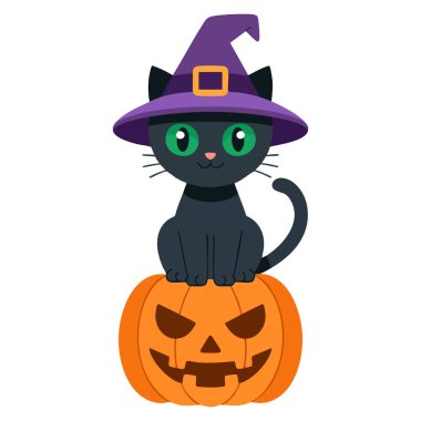 Karikatür, cadı şapkası takan sevimli siyah kedi korkunç balkabağı cadılar bayramı illüstrasyonunda oturuyor. Ürkütücü festival ve mevsimsel tasarım için uygun.