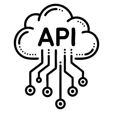 Teknoloji arayüzü web geliştirme yazılım servisi ve modern dijital tasarım kavramları için uygun siyah ve beyaz ana hatlı vektör biçimi API bulutu