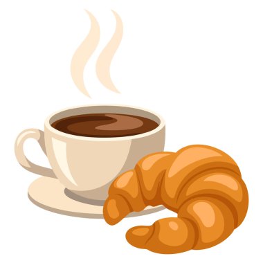 Sıcak kahve ve taze kruvasan kahvaltısı. Beyaz renkte izole edilmiş çizgi film düz vektör illüstrasyonuyla güne harika bir başlangıç.