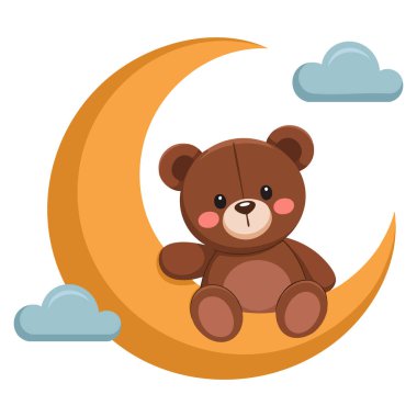 Ay 'da uyuyan sevimli çizgi film ayısı hayvan çıkartması ve karalama bebek çizimi teması için ideal çocuk dekorasyonu ve rüya gibi karakter tasarımı.