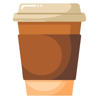 Tek kullanımlık kahve fincanı, kahverengi koruyucu kollu çizgi film illüstrasyonu, hazır içecek içecekleri, kahve markası ve sıcak içecek tasarımı temaları için mükemmel.