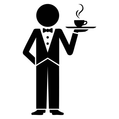 Zarif garson karakteri, yemek servisi konukseverliği ve otel temalı yaratıcı vektör tasarımı için ideal bir illüstrasyon izole etti.