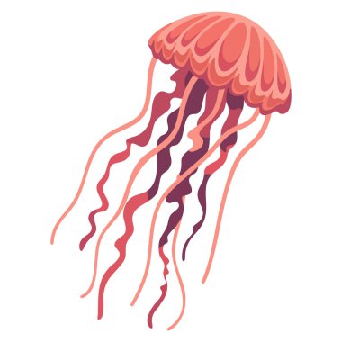 Düz kırmızı denizanası çizimi beyaz sualtı hayvan sembolüne izole edilmiş.