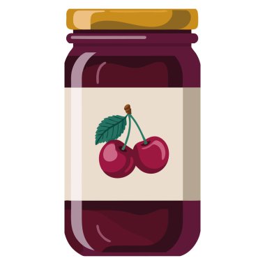 Cam kavanoz konserve kiraz reçeli düz vektör beyaz arka planda izole ev yapımı ürün hasat ve pişirme temalı illüstrasyon