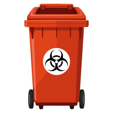 Kirlenmiş atık işareti ve hastane güvenliği ve tehlikeli atık kavramları için uygun biyolojik tehlike etiketi içeren tıbbi atık kutusu tasarımı