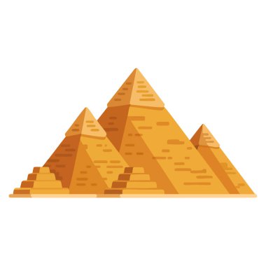 Mısır temalı markalaşma, turizm ve manzara görselleri için uygun arka planda izole edilmiş düz tasarım vektör grafiği içeren turuncu piramitler