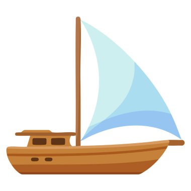 Beyaz yelkenli basit ahşap yelkenli. Yaz gezisi okyanus macerası için ideal. Denizcilik teması ve barışçıl deniz illüstrasyonları.