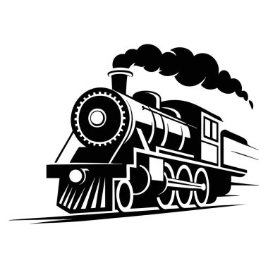 Tren silueti klasik işaret ve sembol konseptiyle eski moda tren logosu markalaşması ve nostaljik seyahat temaları için mükemmel.