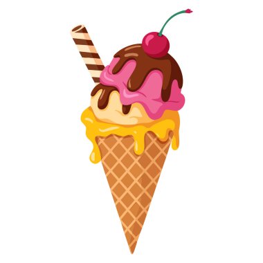 Tatlı dükkanı tasarımı için mükemmel üstüne çikolata kremalı ve kirazlı çilekli dondurma külahının vektör çizimi.