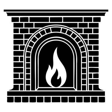 Klasik taş şömine siluetinin vektör logosu ev dekorasyonu ve iç tasarım için beyaz zemin üzerinde izole edilmiş grafik resimleme