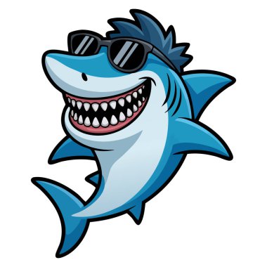 Güneş gözlüğü takan bir köpekbalığının vektör maskotu. Yaz logosu plaj markalaşma spor takımı ya da okyanus teması için ideal bir karakter tasarımı.
