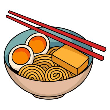 Canlı renkli ramen kasesi, malzeme vektör illüstrasyonu, restoran ve mutfak temalı tasarımlar için iştah açıcı yemek sanatı.