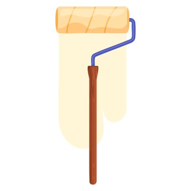 Ahşap saplı uzun boya silindiri beyaz arka planda dimdik duruyor. İnşaat, iç tasarım ve duvar boyama projeleri için ideal ayrıntılı illüstrasyon.