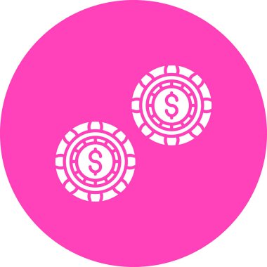 Kumarhane çipi ikonu. Vektör biçimi yuvarlak açılı, pembe arkaplan, beyaz arkaplan, pembe ve beyaz ikonik semboldür.