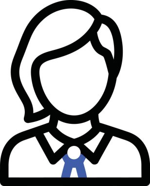 İş ve kurumsal kimliği temsil eden mavi kravatlı profesyonel bir kadının basit vektör çizimi.