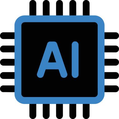 Yapay zeka ve makine öğrenimini temsil eden, beyaz zemin üzerindeki siyah iğnelerle çevrili, yapay zekaya sahip mavi bir mikroçip..