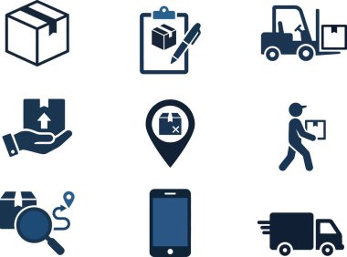 Bu mavi lojistik simgesi paket izleme ve kurye taşımacılığı gibi nakliye işlemlerini gösteriyor. Ekommerce platformları ve mobil tedarik zinciri yönetim uygulamaları için net görsel ipuçları sağlar.