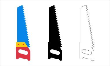 Bu koleksiyonda üç adet renkli düz versiyonu, koyu siyah silueti ve temiz çizgi sanat tarzını içeren el testeresi simgesi yer almaktadır. Bu grafikler marangozluk, onarım ve DIY araçlarını temsil ediyor.