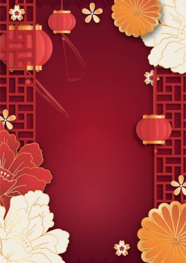 Imlek, Ay Yeni Yılı, Festivalsel Çin fenerleri ve kültürel kutlamalar veya dekoratif amaçlar için tasarlanmış çiçek unsurları.