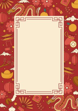 Imlek, Ay Yeni Yılı, geleneksel Çin motifleriyle dekoratif çerçeve, Çin 'in yeni yıl davetiyelerini veya selamlarını kutlamak için ideal.