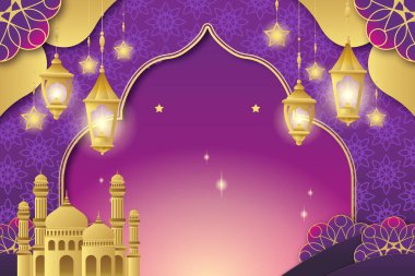 Ramazan temalı web ve grafik tasarım projeleri için ideal bayram mübarek, mübarek, ramazan kareem, şenlikli bir gece gökyüzünü aydınlatan zarif fenerler..