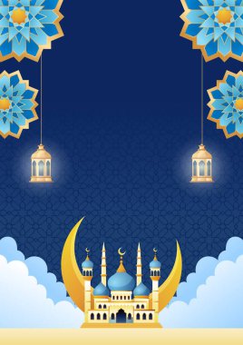 Hilal ay ve asılı fenerleri olan zarif bir cami, kültürel, dini veya şenlikli web içeriğine uygundur.