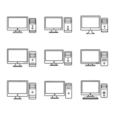 Masaüstü Bilgisayar Silüeti Seti: Teknoloji ve Ofis Malzemeleri Vektörleri