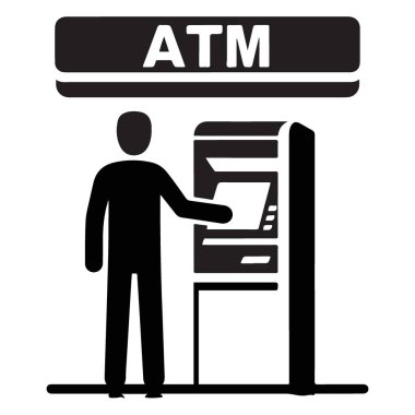 ATM siluetini kullanan adam para makinesi illüstrasyon vektörü grafiği