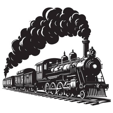Antika siluet buharlı tren lokomotifi ile klasik demiryolu çizimi