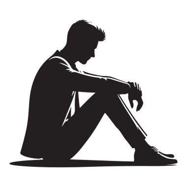 Kafası aşağıda oturan depresif bir adamın silueti.