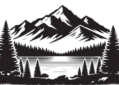 Gün batımında Çam ağaçlarıyla Huzurlu Dağ Gölü Silueti