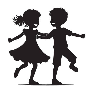 Dans eden ve neşeyle oynayan mutlu çocukların silueti.