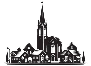 Küçük Kasaba Kilisesi Köyü Siluet Vektör Sanat Tasarımı Grafiksel