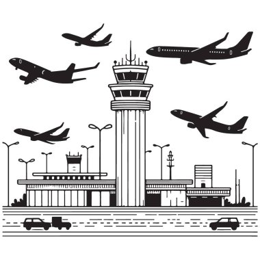 Ulaşım Vektörünü Uçuran Uçaklarla Havalimanı Silueti