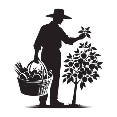 Siluet Çiftçi meyve bahçesi projeleri için Elma Toplama Vektörü İllüstrasyonu