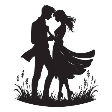 Çimen tarlasında kucaklaşan romantik çift silueti.