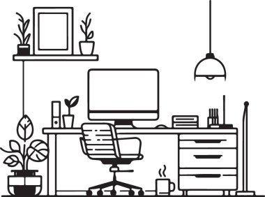 Modern Ofis Çalışma Alanı Vektör İllüstrasyon Üretimi ve Konforlu Ortamı