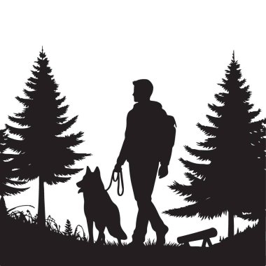 Ormanda Adam Yürüten Köpek Siluet Vektör İllüzyonu