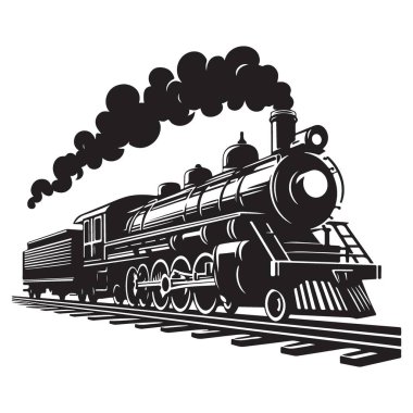 Vintage Buhar Treni İllüstrasyon Vektörü Siyah ve Beyaz Grafikleri