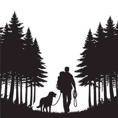 Orman Doğasında İnsan Yürüyen Köpeğin Silüeti