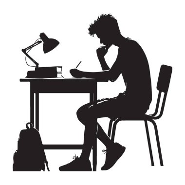 Masada ödev yazan bir öğrencinin silueti.