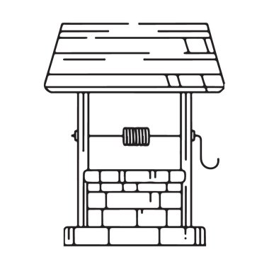 Ayrıntılı Su Kuyusu Sanat Çizgisi İllüstrasyonu Kırsal Nostaljik Tema Dekorasyonu