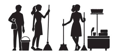 Temizlik Ekibi Siluet Vektör Koleksiyonu Profesyonel Temizlik Personeli