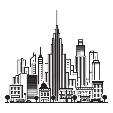 Modern Şehir Skyline 'ının Ayrıntılı Çizgi Sanat Vektörü İllüstrasyonu