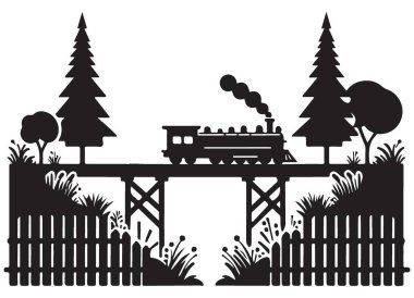 Ağaçların Vektör Sanat Tasarımı ile Köprüde Siluet Treni