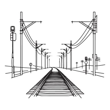 Demiryolu Rayları ve Elektrik Hatları Vektör Sanat Resimleri