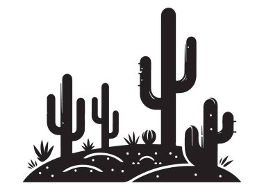 Çöl Teması Tasarımları için Çeşitli Cacti Siluet Manzarası Çizimi