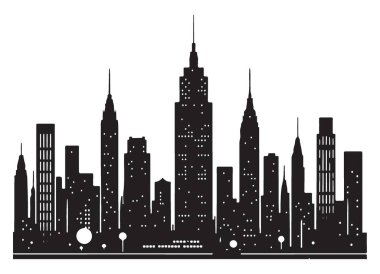 New York Şehri 'nin Çarpıcı Siyah Silüeti Skyline Vektör İllüstrasyonu
