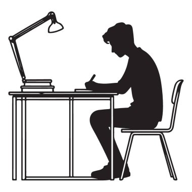 Siluet Öğrencisi Lamba Işığı Çizimi ile Masada Çalışıyor